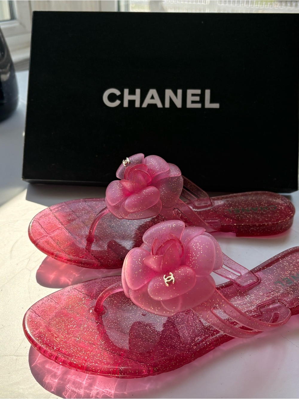 CHANEL Pink Glitter Jelly Sandals - Women's